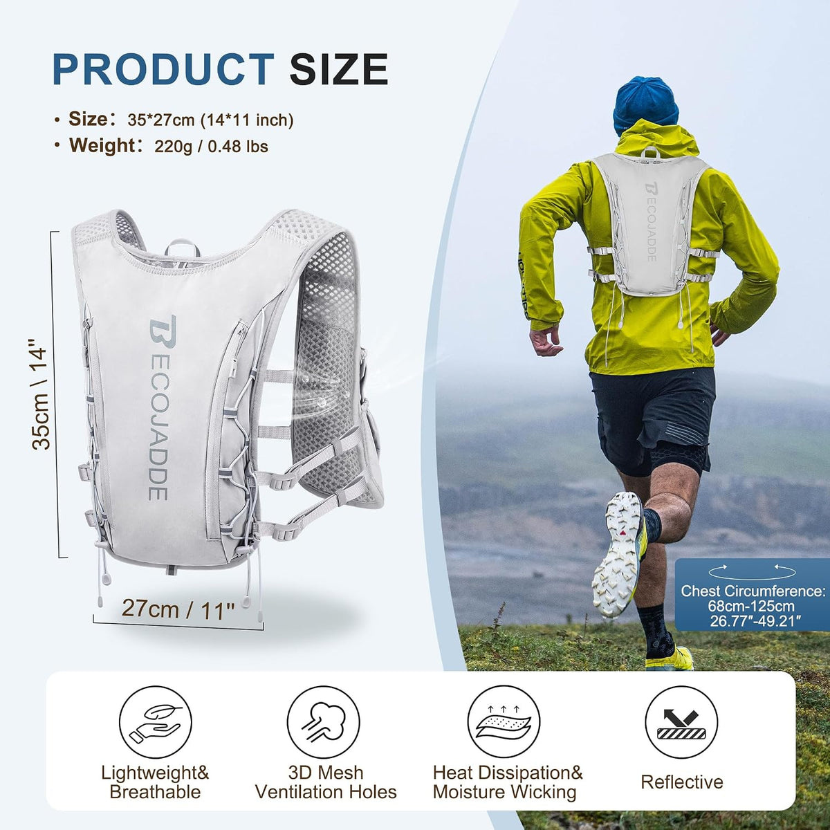 BECOJADDE Running Vest for Women Men, 5L/6L Lightweight Hydration Backpack Running Pack for Marathon, Trail, Cycling, Hiking, Jogging