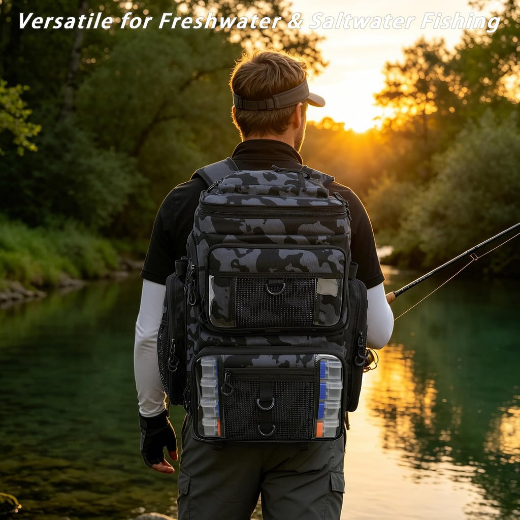 Fishing Tackle Backpack,55L Large Tackle Bag with 4 Rod Holders,Camouflage