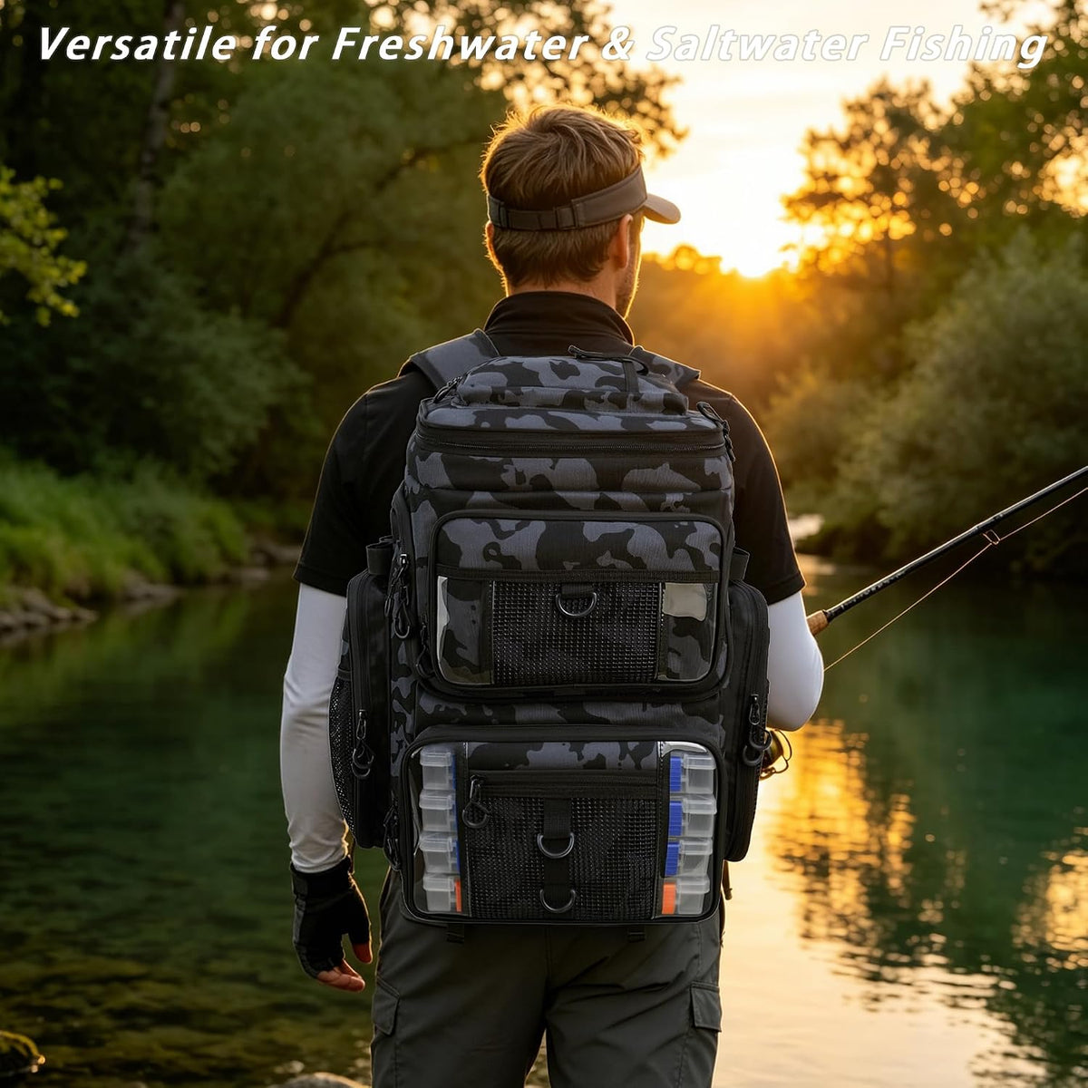 Fishing Tackle Backpack,55L Large Tackle Bag with 4 Rod Holders,Camouflage