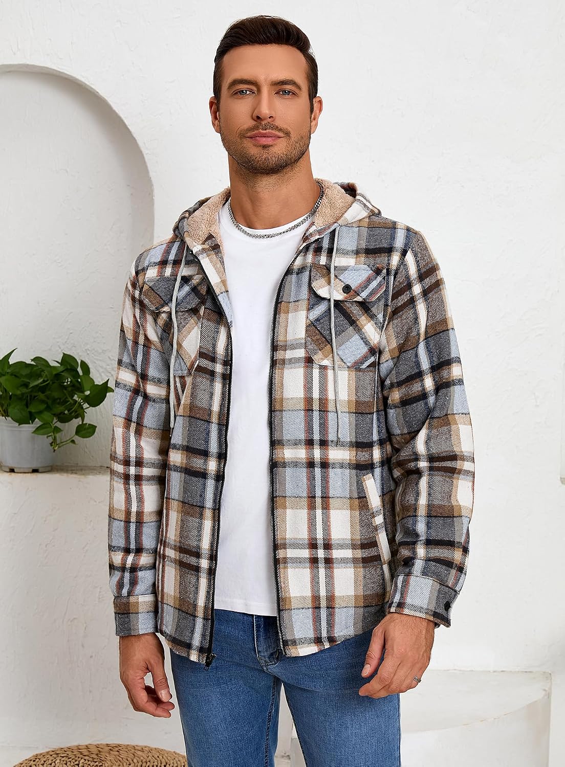 Men's Zip Up Flannel Shirt Jacket Fleece Lined with Hood
