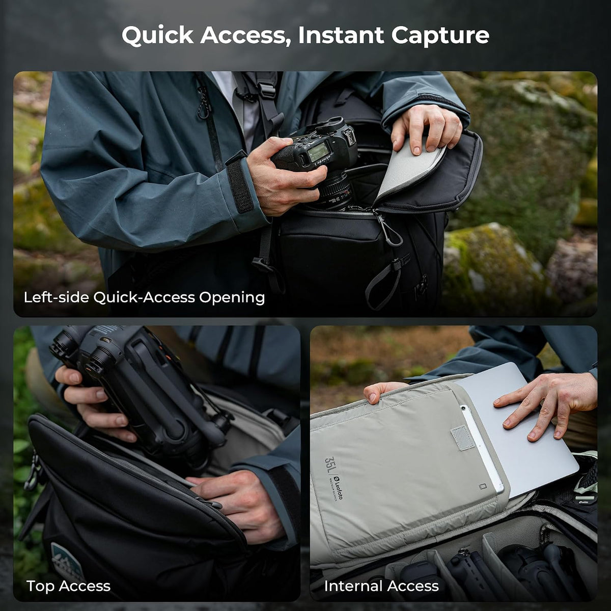 LEOFOTO 35L Camera Backpack for Photographer, Lightweight Waterproof Travel Camera Bag for Camera/Drone/15.6" Laptop, Photopraphy Bag with Side Access & Rain Cover, Tripod Compatible, 2.65KG - BLACK