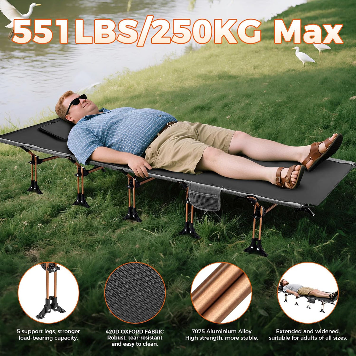 KingCamp 551Lbs Camping Cot for Adults, 78.7" Lightweight Camping Bed