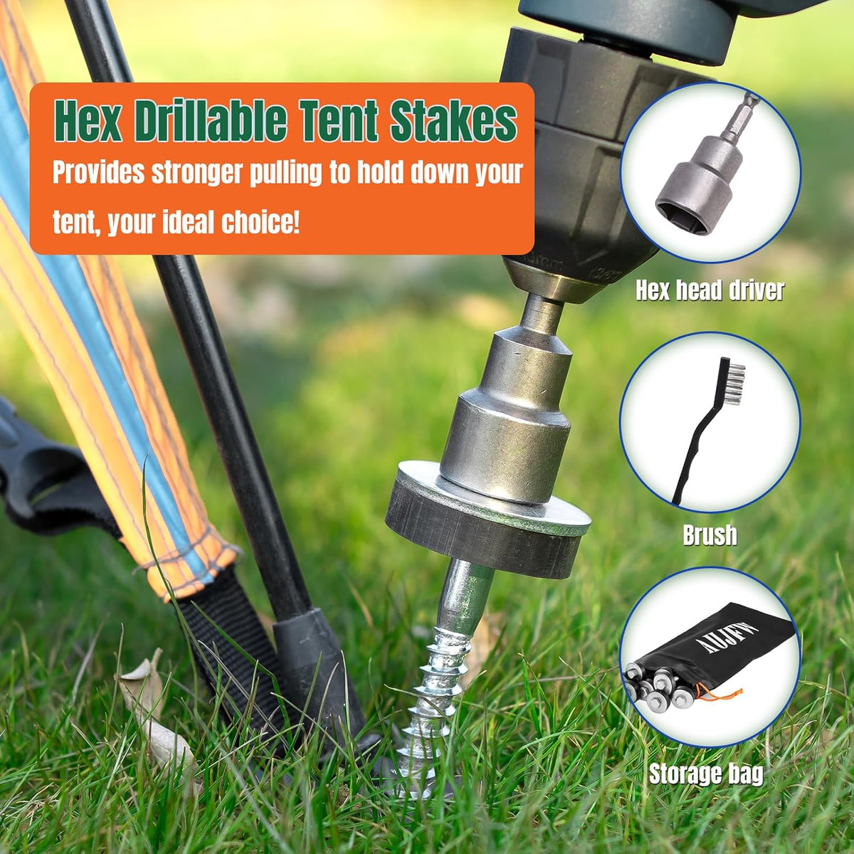 15 Pcs 10" Hex Pegs Drillable Tent Stakes, Screw in Tent Pegs Stakes for Garden Canopies Grassland Canopies Awnings Camping Travel (Hex Tool and Storage Bag)