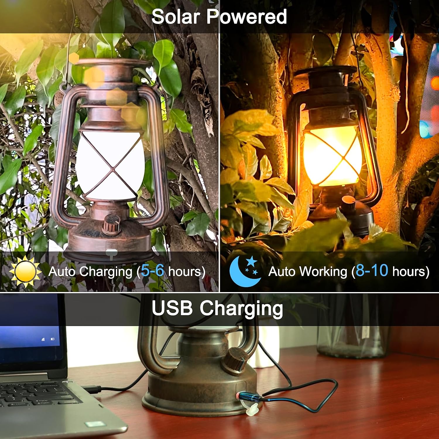Solar Lantern Outdoor, Flickering Flame LED Vintage Lanterns 2Pack