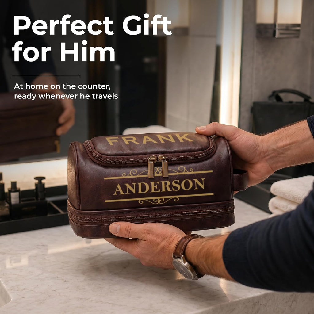 Personalized Toiletry Bag for Men - Custom Engraved Leather Dopp Kit for Travel - Monogrammed Mens Toiletry Bag - Gift for Him, Dad, Husband, Boyfriend, Groomsmen - Birthday & Anniversary