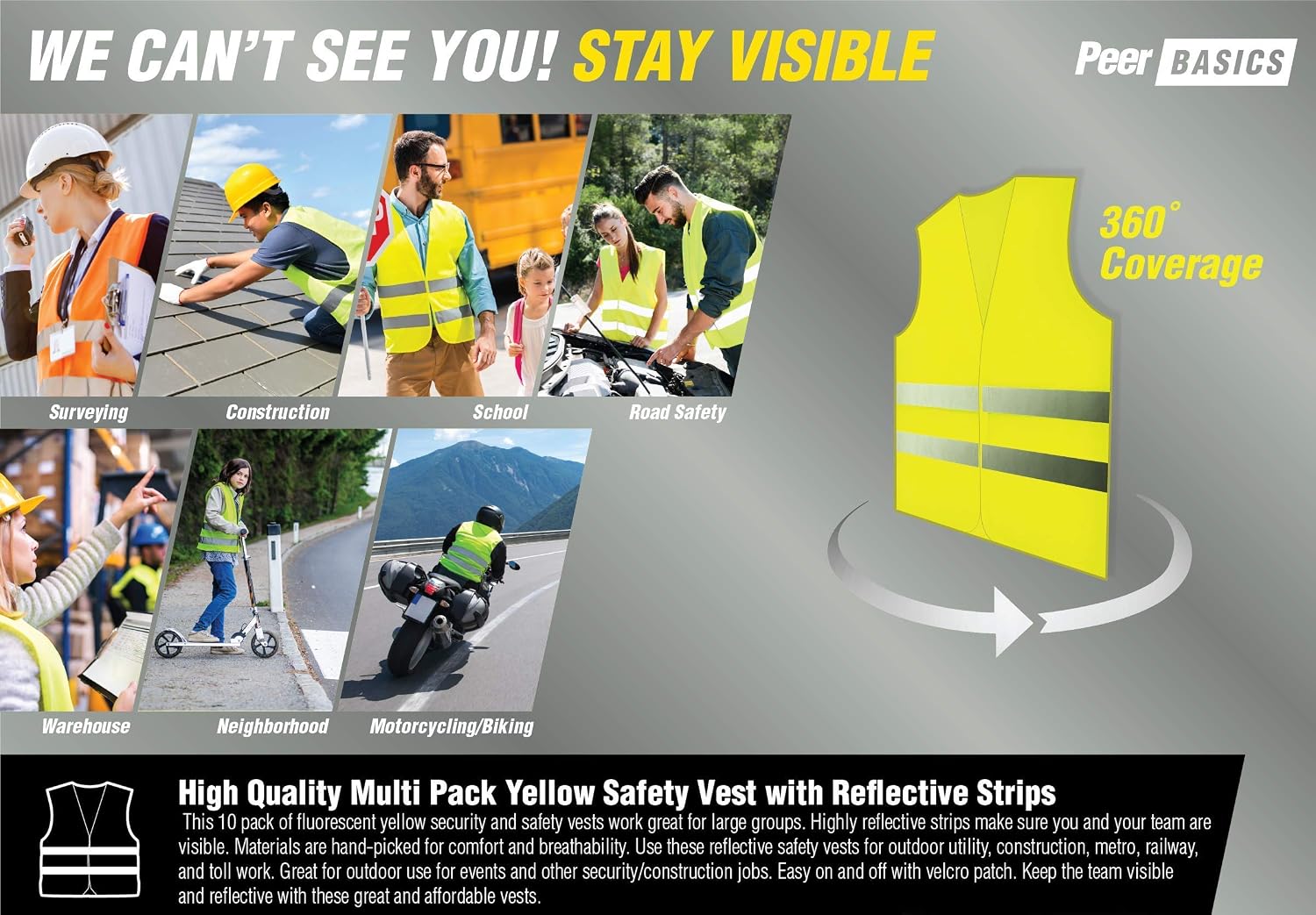 PeerBasics, 20 Pack, Yellow Reflective High Visibility Safety Vest, Hi Vis Silver Strip, Men Women, Work, Cycling, Runner, Construction (Mesh, 20)…
