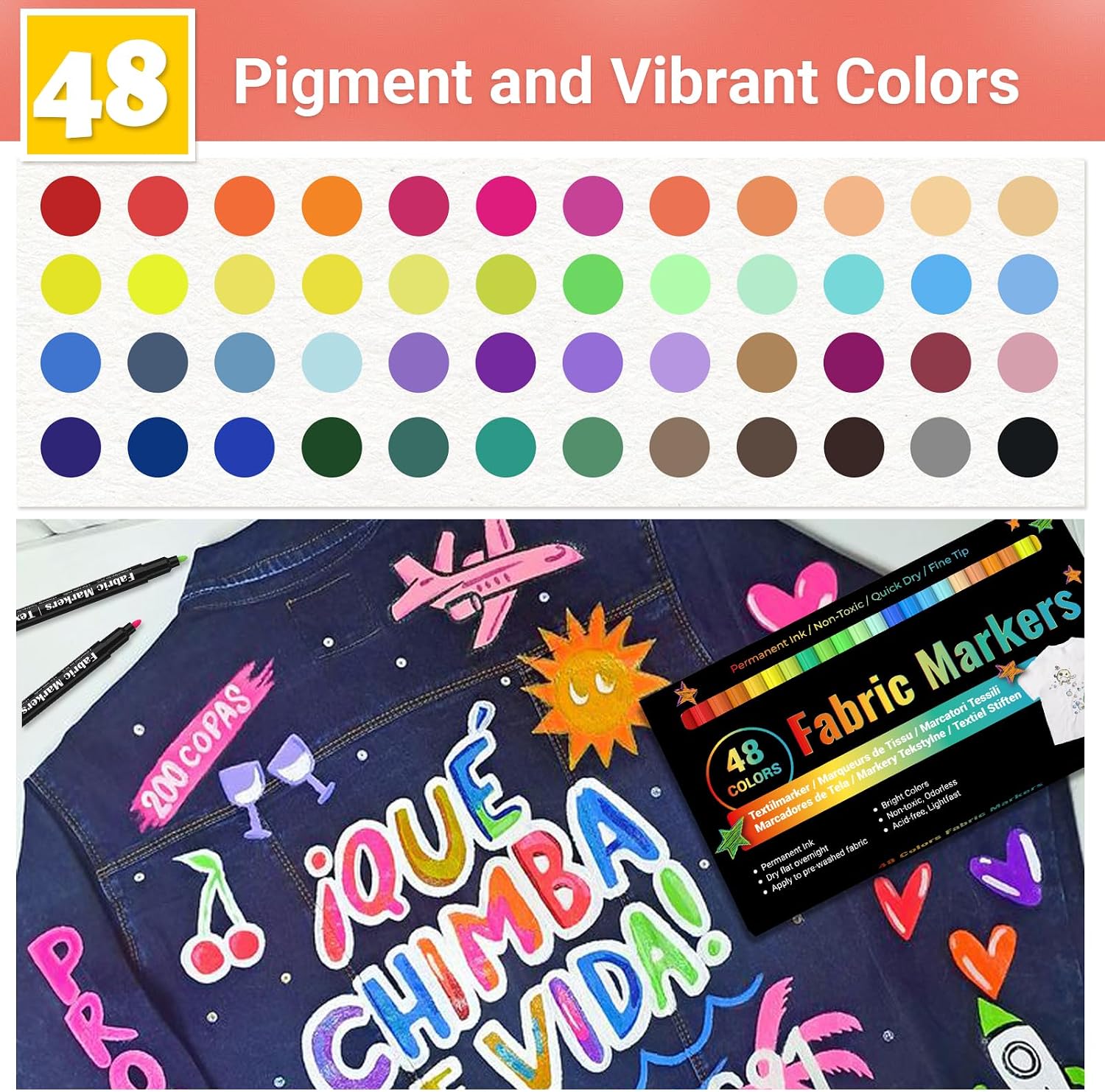 JR.WHITE Fabric Markers Permanent for Clothes Sneaker Shoes T Shirt Onesies Bibs Bodysuit Pillow Canvas Tote Bags Teen Adults Fabric Decorating, Fine Point Pen Fabric Paint Pens Set of 48 Colors