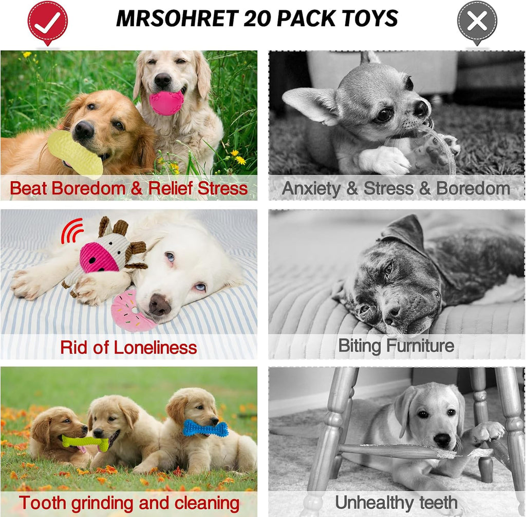 MRSOHRET 20Pcs Puppy Chew Toys for Teething, Dog Chew Toys with Rope Toy, Pet Dog Toothbrush, Treat Balls, Plush Toys and Squeaky Toys for Small Medium Dogs with Basket to Keep Them Busy