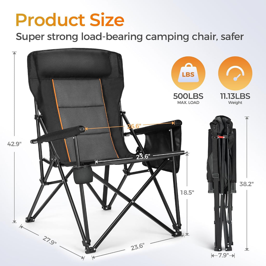 ALPHA CAMP Heavy Duty Camping Chairs with Cup Holder Oversized Folding Chair 500LBS Capacity Outdoor Chair with Headrest,Lawn with Side Pocket for Lawn, Sports and Fishing