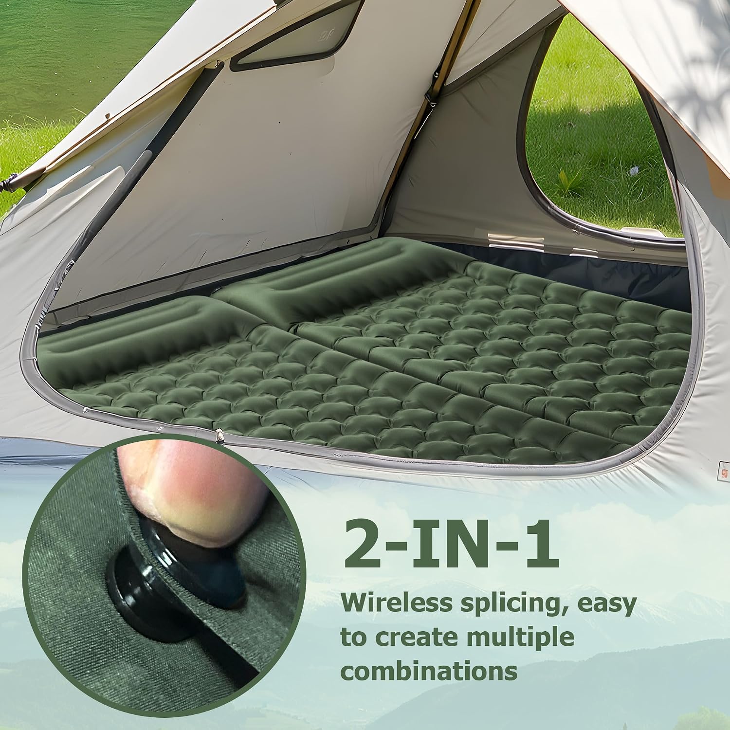 Toncoke Sleeping Pad, 4.7" Extra-Thick & Ultralight Inflatable Camping Mat with Pillow, Built-in Foot Pump, Compact for Backpacking, Camping, Hiking, Travel —Military Green