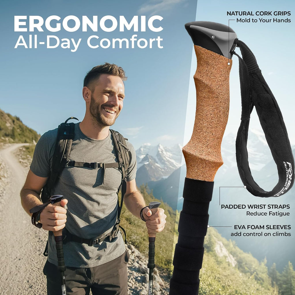 Foxelli Carbon Fiber Trekking Poles – Lightweight Collapsible Hiking Poles with Cork Grips, Quick Flip Locks & All-Terrain Accessories – Adjustable Height Hiking Sticks for Men & Women