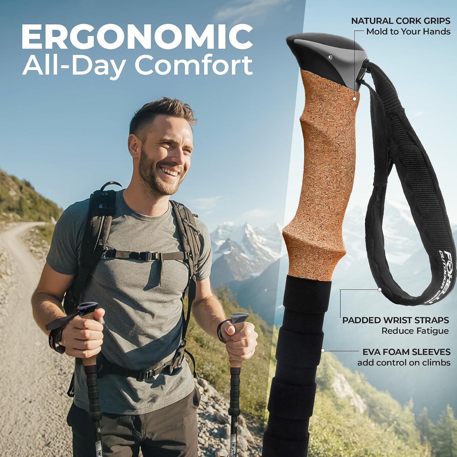 Foxelli Carbon Fiber Trekking Poles – Lightweight Collapsible Hiking Poles with Cork Grips, Quick Flip Locks & All-Terrain Accessories – Adjustable Height Hiking Sticks for Men & Women