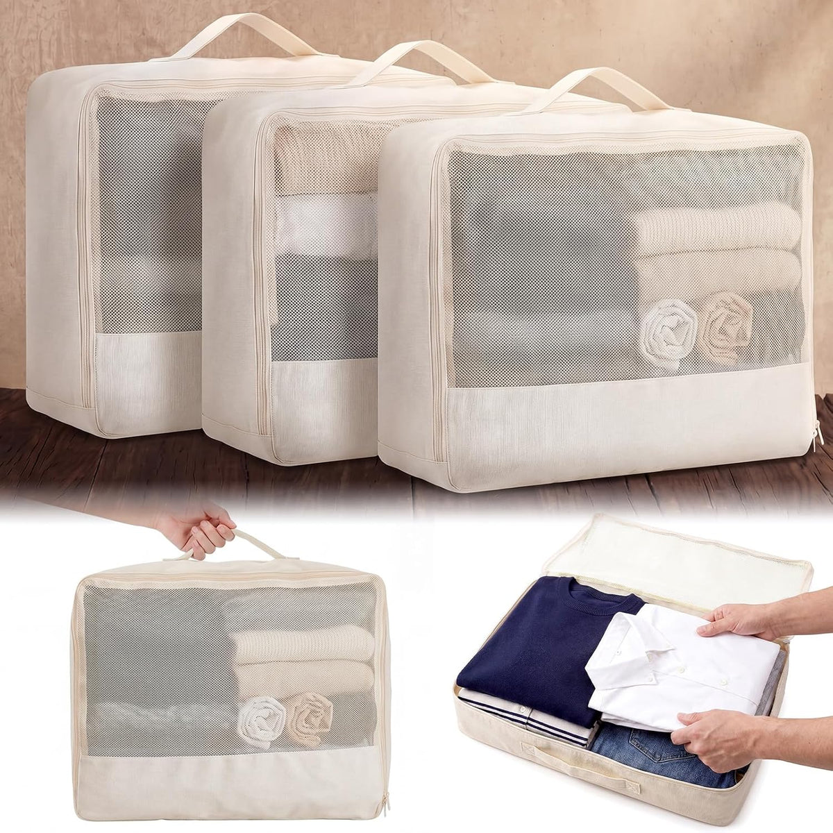 Shinymoon 3 Set 100% Cotton Packing Cubes 3 Sizes Regular Black
