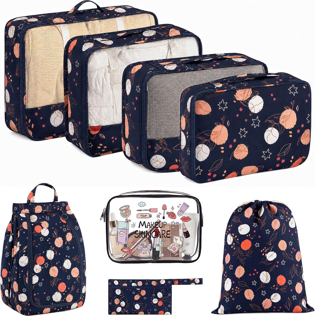 8 Set Packing Cubes for Travel, Durable Luggage Packing Organizers, Carry-On Accessories, TSA Approved See-Through Cubes, Space-Saving Storage Bags, Gifts for Women (Navy Maple Leaf)