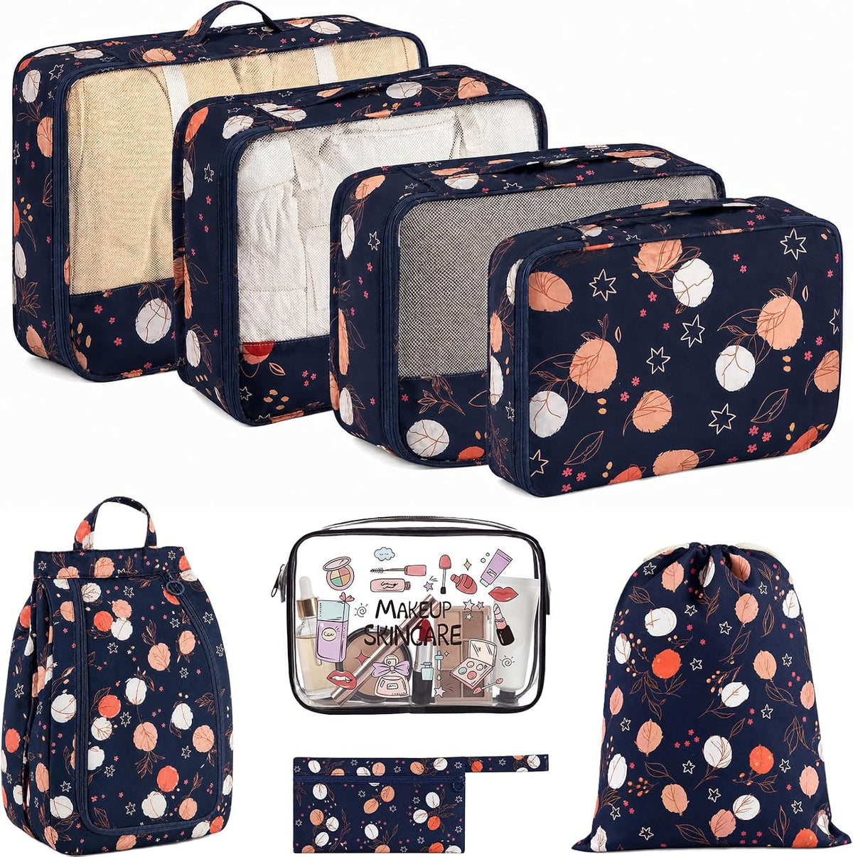 8 Set Packing Cubes for Travel, Durable Luggage Packing Organizers, Carry-On Accessories, TSA Approved See-Through Cubes, Space-Saving Storage Bags, Gifts for Women (Navy Maple Leaf)