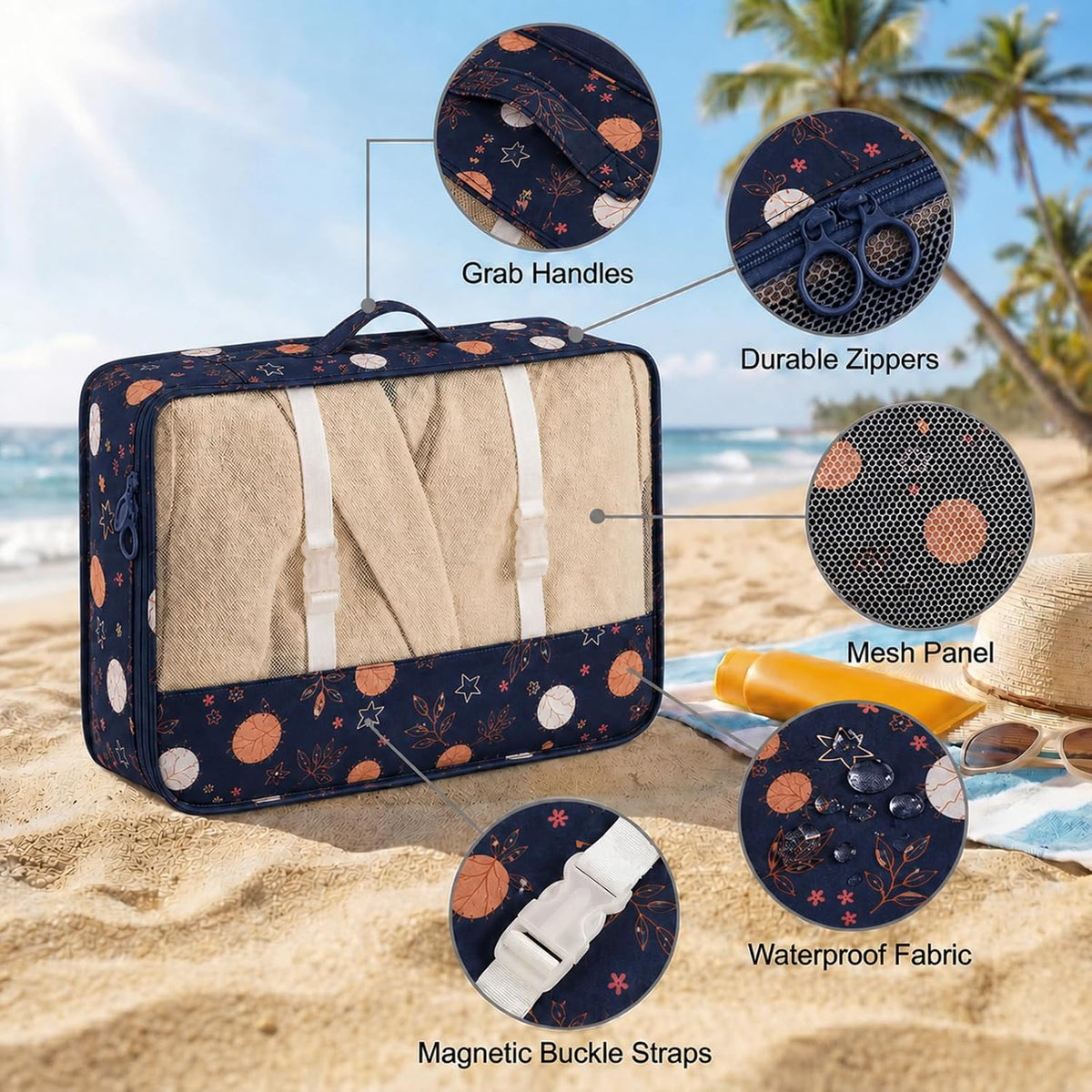 8 Set Packing Cubes for Travel, Durable Luggage Packing Organizers, Carry-On Accessories, TSA Approved See-Through Cubes, Space-Saving Storage Bags, Gifts for Women (Navy Maple Leaf)