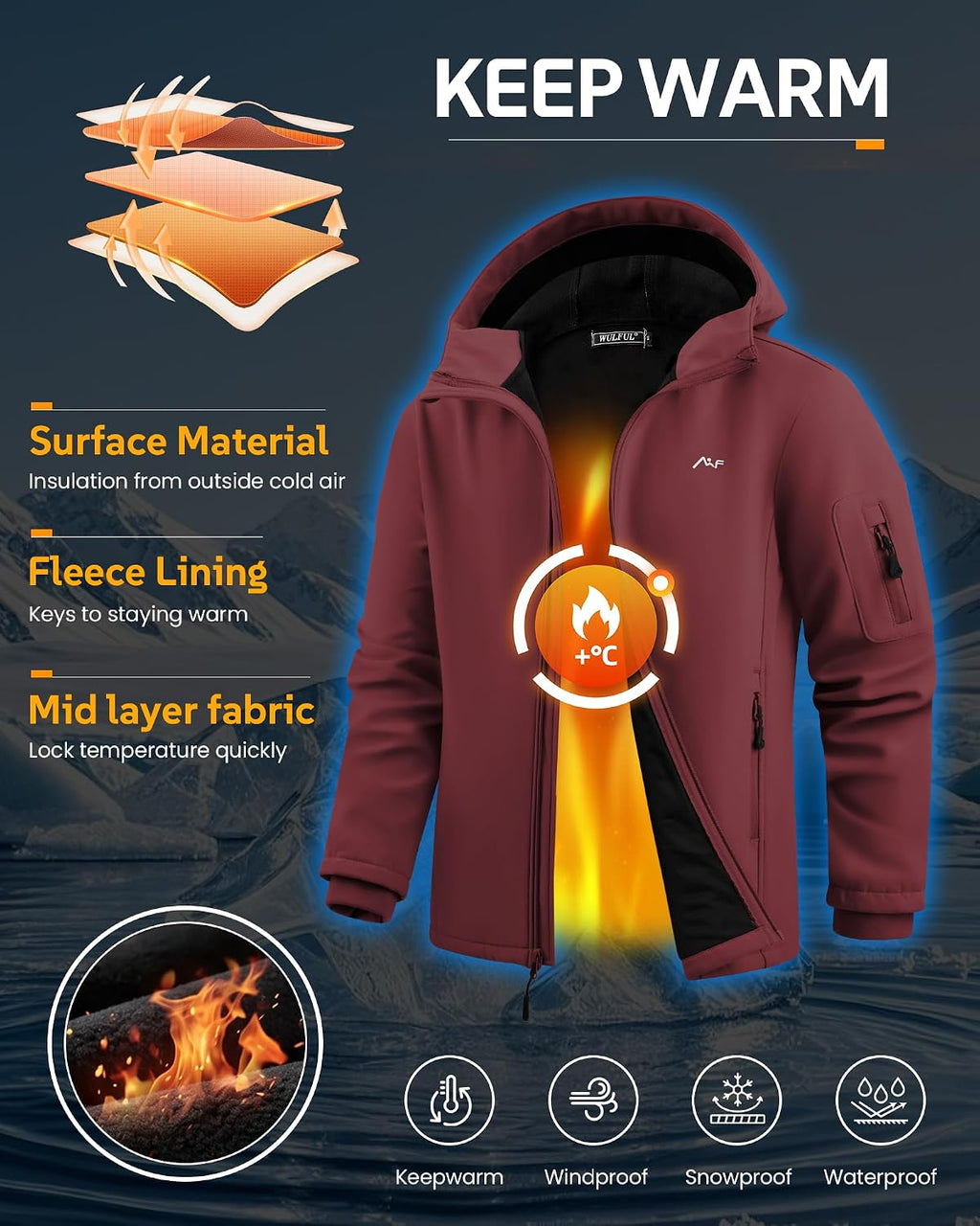 WULFUL Men's Lightweight Softshell Jacket Warm Fleece Lined Windbreaker Waterproof Soft Shell for Outdoor Hiking