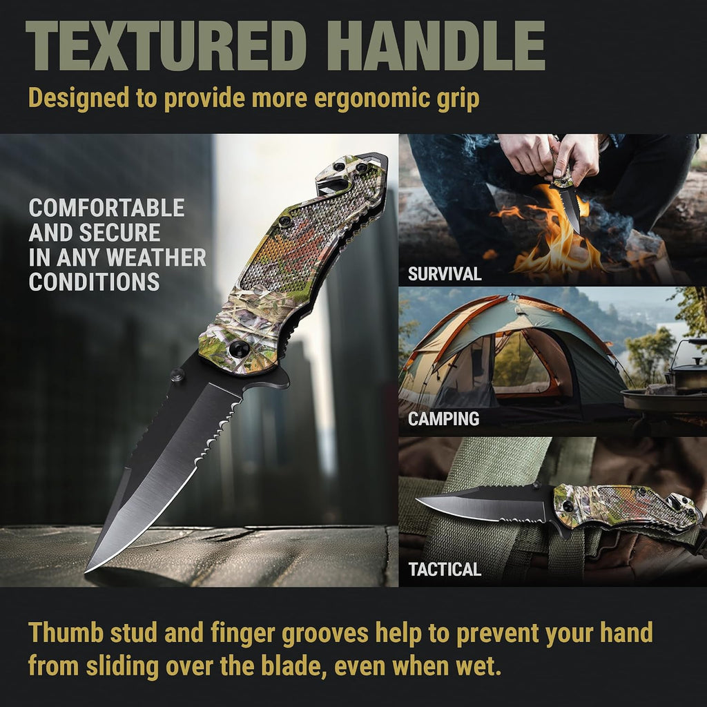 GOOD WORKER Legal Pocket Knife with 2.95” Serrated Blade, Glass Breaker, Seat Belt Cutter - EDC Sharp Folding Knives with Portable Clip - Small Tool for Tactical Camping Survival Hiking - Gifts for Men, Women