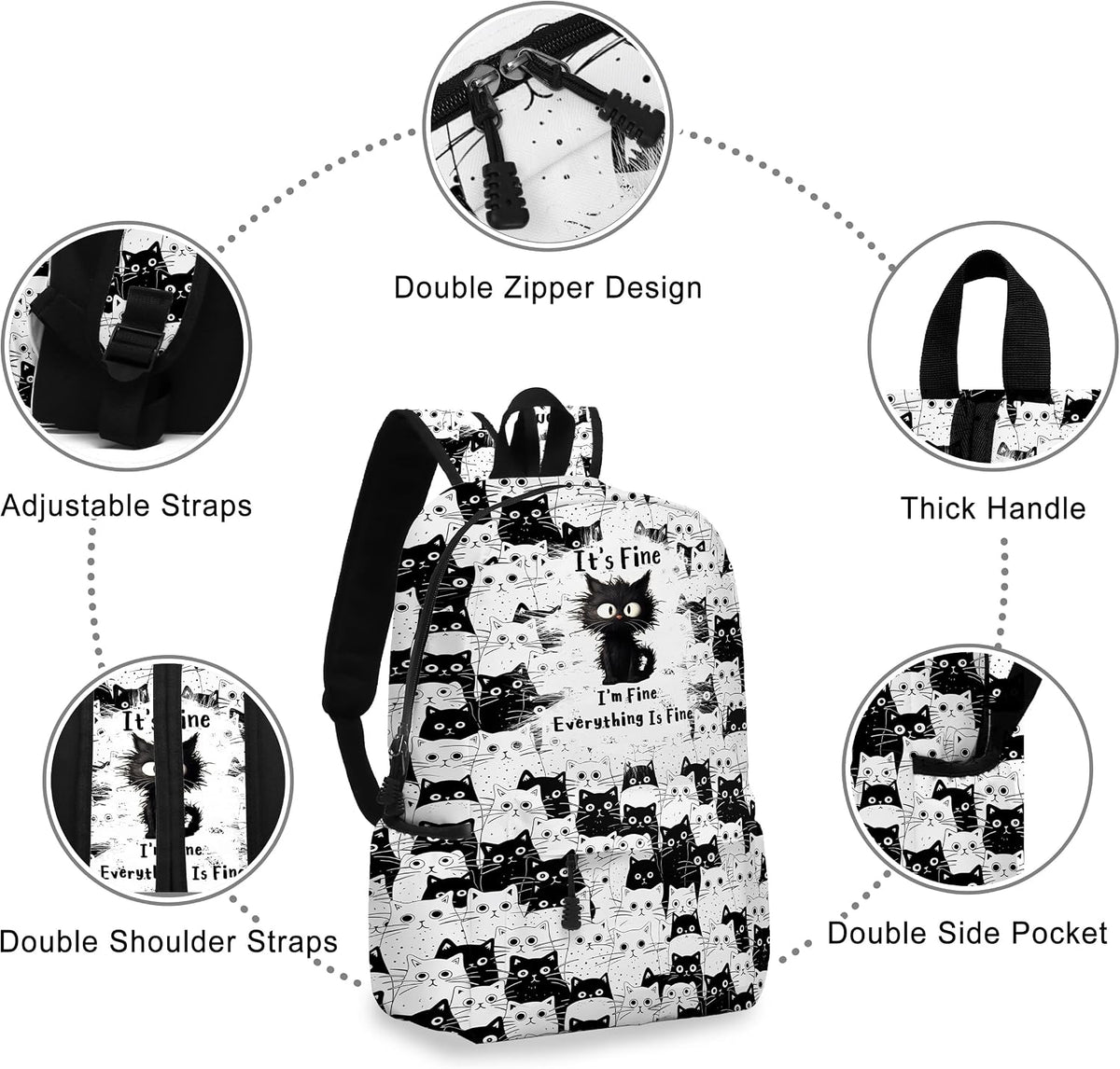 Funny Black Cat School Backpack for Girls Boys Bookbag, 17 Inch Cat Laptop Backpack, Cats Animals Theme Back Pack for School Travel Hiking Camping