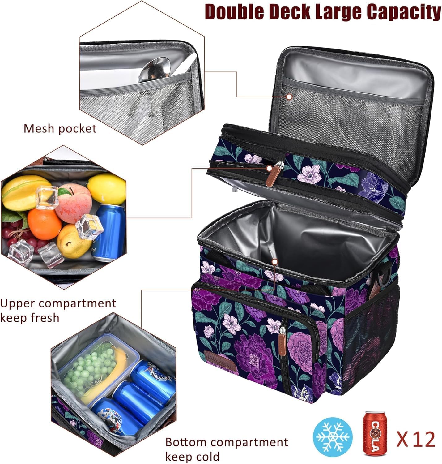 MIYCOO Lunch Bag for Women & Men, Expandable Double Deck Lunch Box, 15L