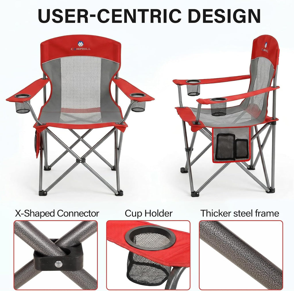 2 Pack Camping Chairs for Adults,Oversized Mesh Back Lawn Chair with Cup Holder, Side Pocket&Bag for Outdoor,Beach,Picnic,Fishing,and Sports,Breathable,Heavy Duty,Red