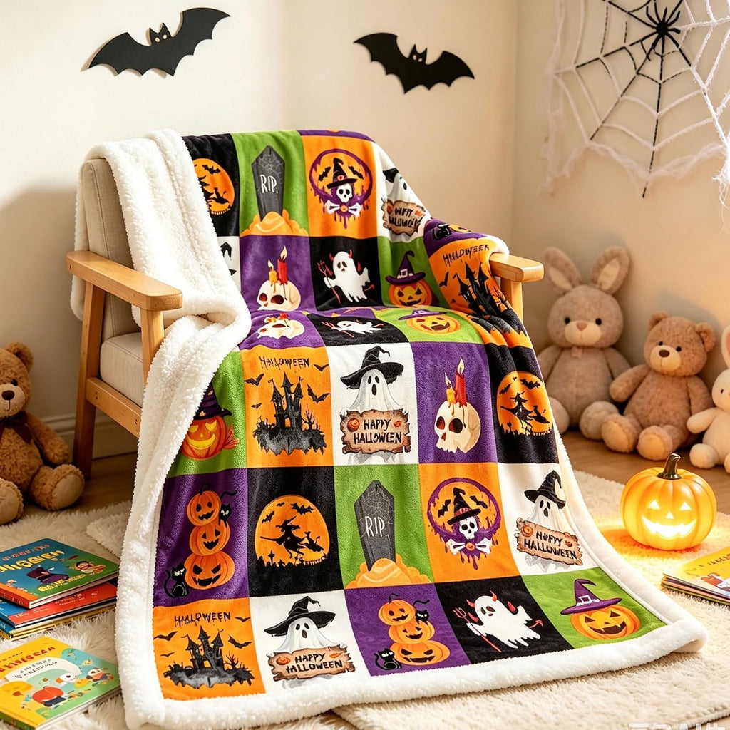 Halloween Throw Blanket 50"x60", Soft Cozy Plaid Blanket with Pumpkin Ghost Witch, Lightweight Flannel Fleece Throw for Couch Bed, Spooky Home Decor, Gift for Halloween Lovers