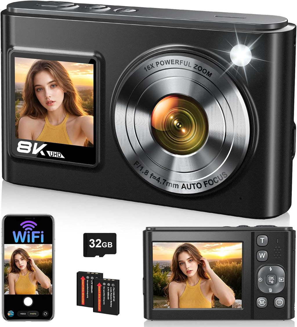 8K Digital Camera, 96MP WiFi Camera for Photography with Dual Screen(Black)