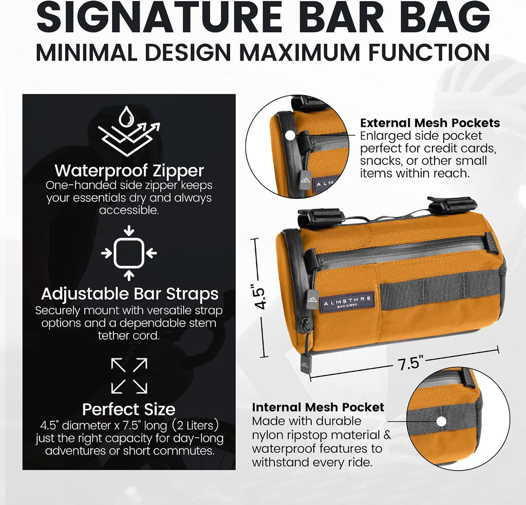 ALMSTHRE Signature Bar Bag – California Gold | Hard-Shell Bike Handlebar Bag with Waterproof Zippers & Adjustable Straps | Lightweight Bicycle Handlebar Bag, Compatible with Road, Gravel & MTB Bikes