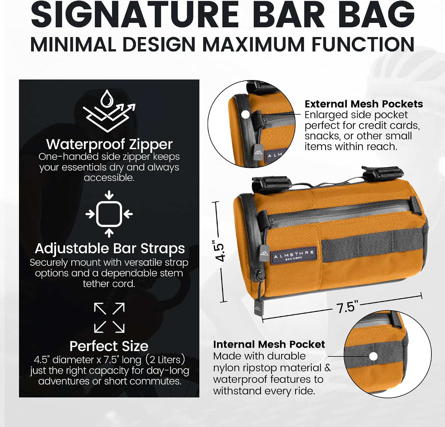 ALMSTHRE Signature Bar Bag – California Gold | Hard-Shell Bike Handlebar Bag with Waterproof Zippers & Adjustable Straps | Lightweight Bicycle Handlebar Bag, Compatible with Road, Gravel & MTB Bikes