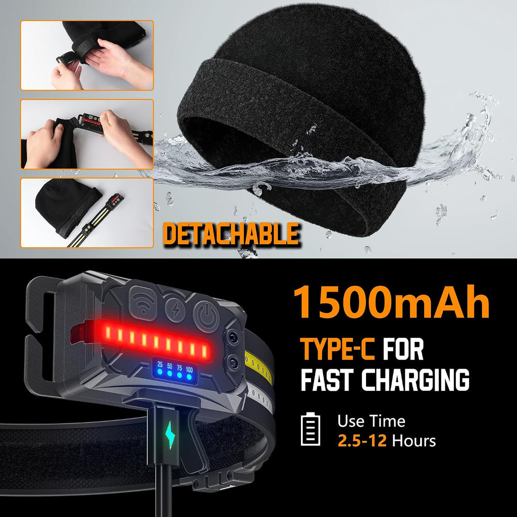 EGUKU Rechargeable Headlamp Beanie, 1200Lumens Bright Beanie with Light, 260°Wide Beam Unisex Hat Headlamp 11 Lighting Modes, Hat with Red&Green Light 5oz Lightweight for Women Men