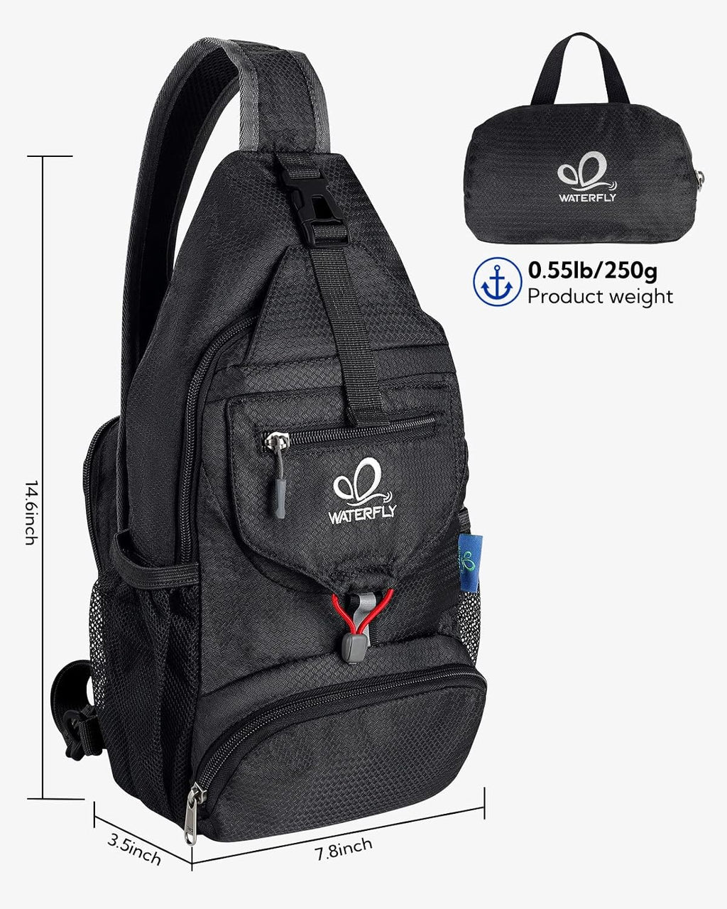 WATERFLY Packable Sling Backpack Lightweight Crossbody Bag Travel Daypack
