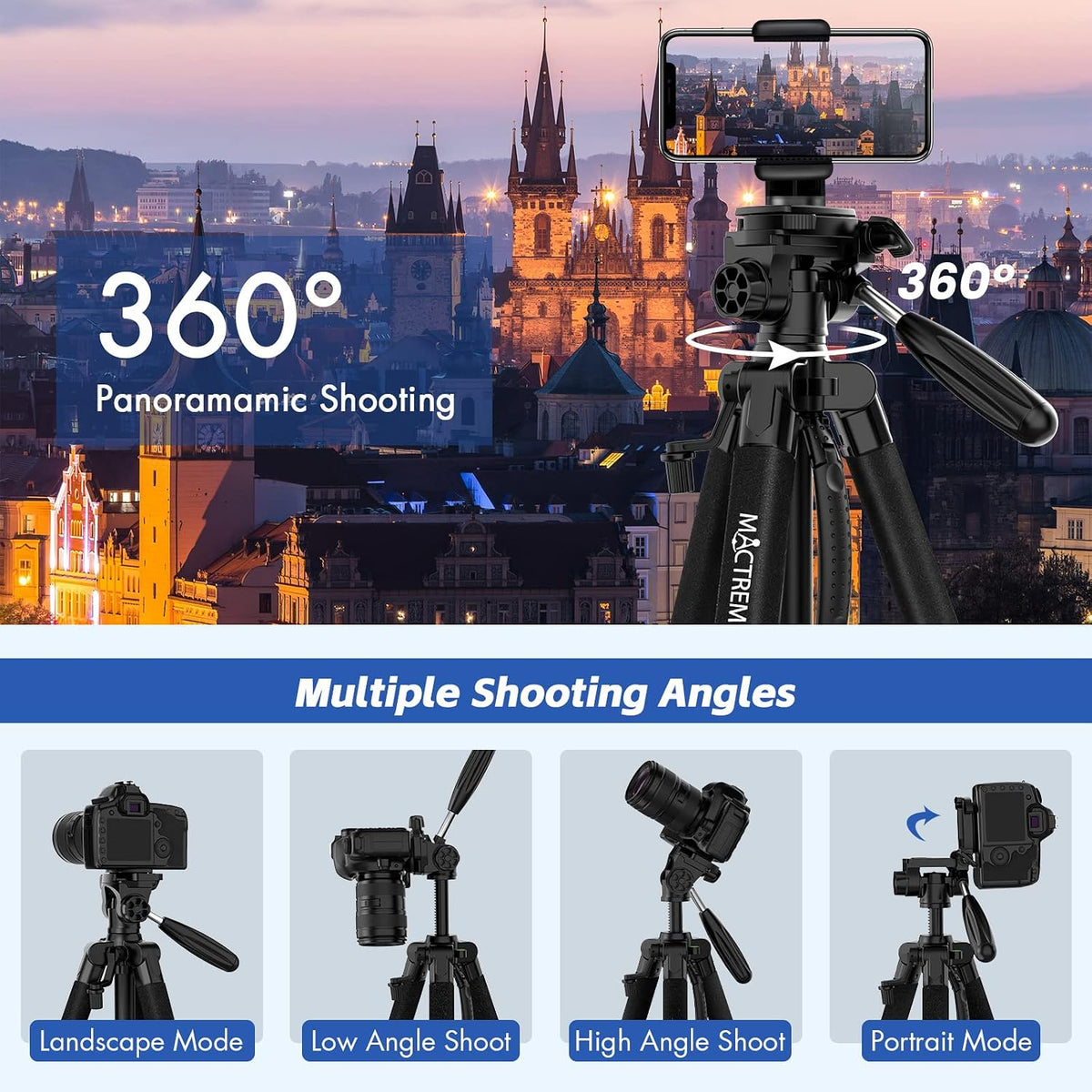 MACTREM 75in Aluminum Lightweight Travel Tripod for DSLR Camera Phone iPad