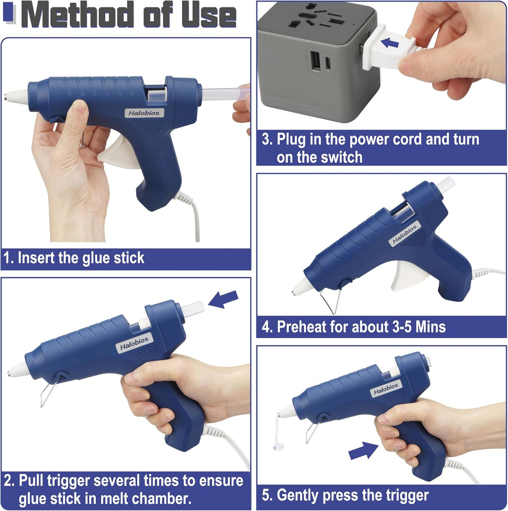 Halobios Hot Glue Gun with Preheating, 20 Glue Sticks, Full Size for DIY Crafts & Home Repairs (40W Blue)