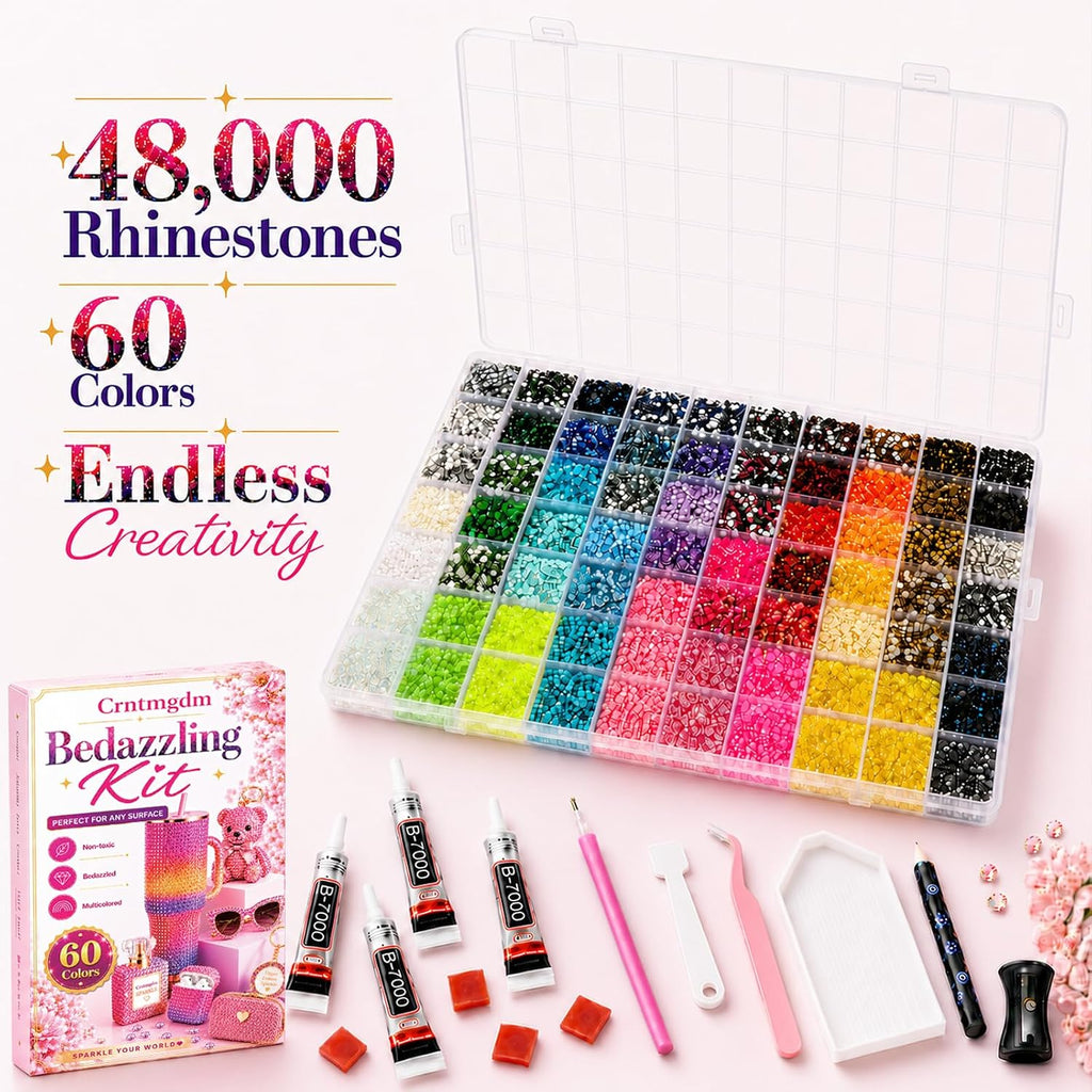 Bedazzling Kit 48000 Pcs, 60 Colors Rhinestone Kit, 3mm Flat Back Resin Rhinestones with B7000 Glue & Tools, All-in-One DIY Craft Kit for Nail Art, Phone Case, Shoes, Scrapbook & Creative Gifts