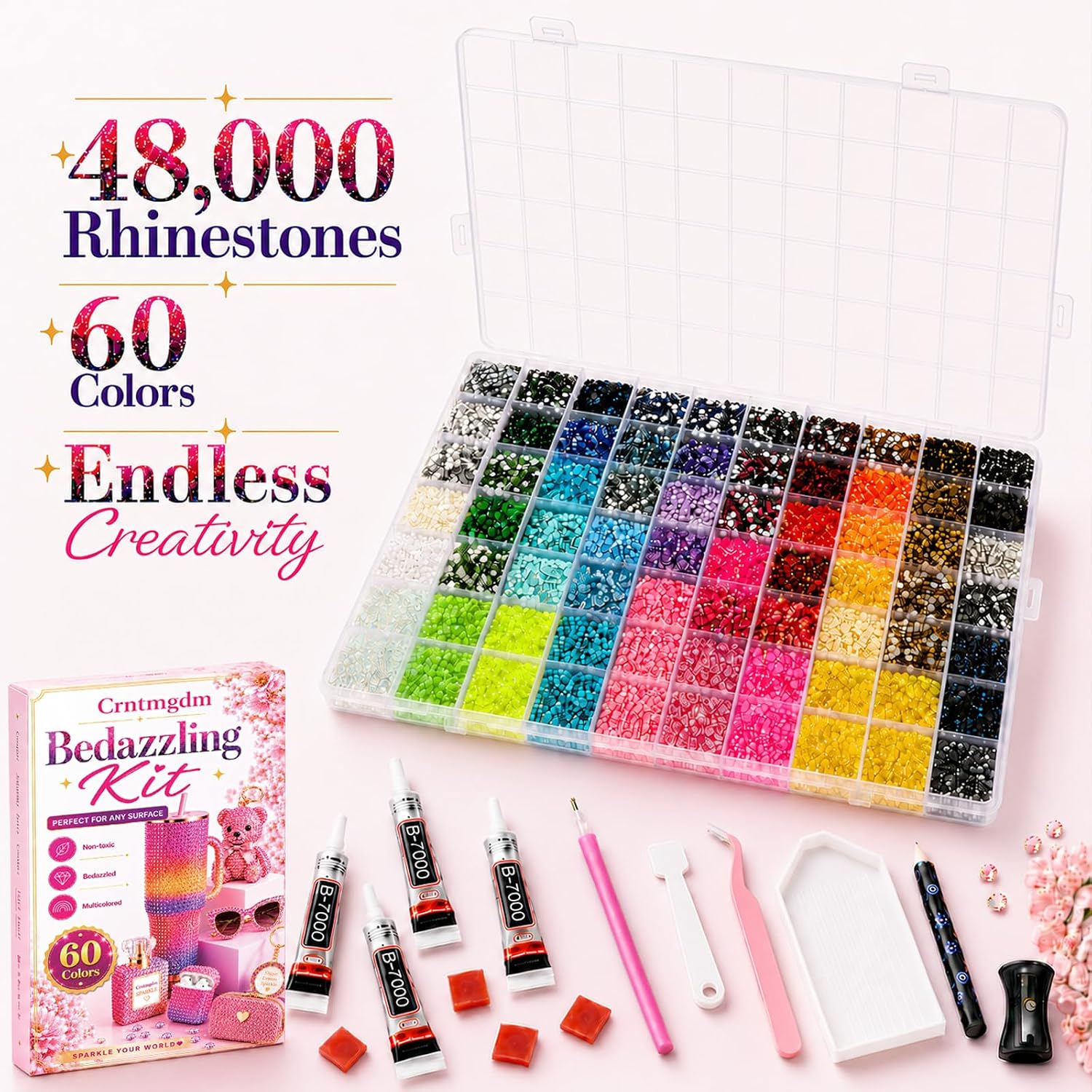 Bedazzling Kit 48000 Pcs, 60 Colors Rhinestone Kit, 3mm Flat Back Resin Rhinestones with B7000 Glue & Tools, All-in-One DIY Craft Kit for Nail Art, Phone Case, Shoes, Scrapbook & Creative Gifts