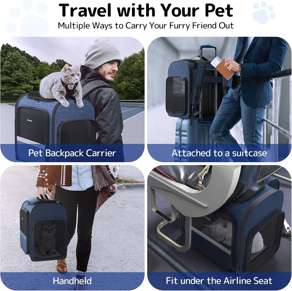 Pawtners Cat Backpack with Play Tunnel, Design for Carrying Playing Blue