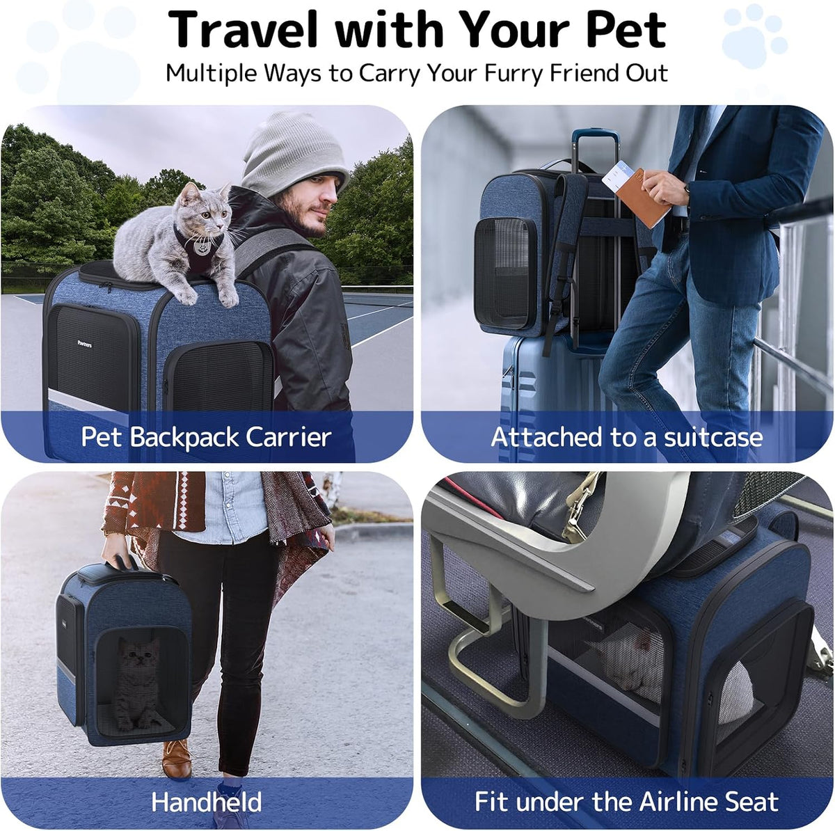 Pawtners Cat Backpack with Play Tunnel, Design for Carrying Playing Blue