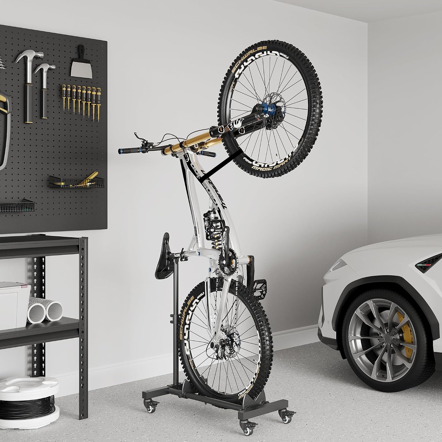 Vertical Bike Stand, Freestanding Bike Rack for Garage Storage, Upright Bicycle Floor Stand with Adjustable Height and 360° Rolling Wheels, Space Saving Indoor Bike Holder for 24"-29" Standard Bikes