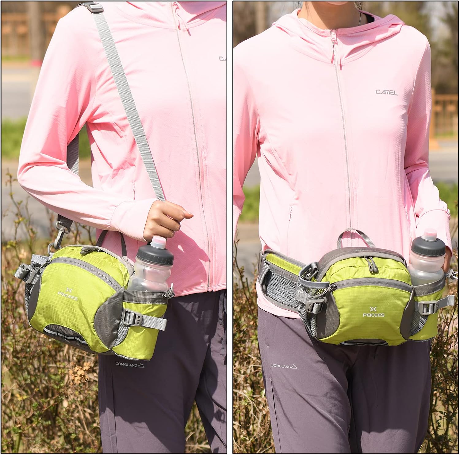 Peicees Hiking Fanny Pack Large Waist Bag for Men Women with Bottle Holder Water Resistant Lumbar Pack for Hiking Camping Fishing Outdoor (Bottle Not Included)