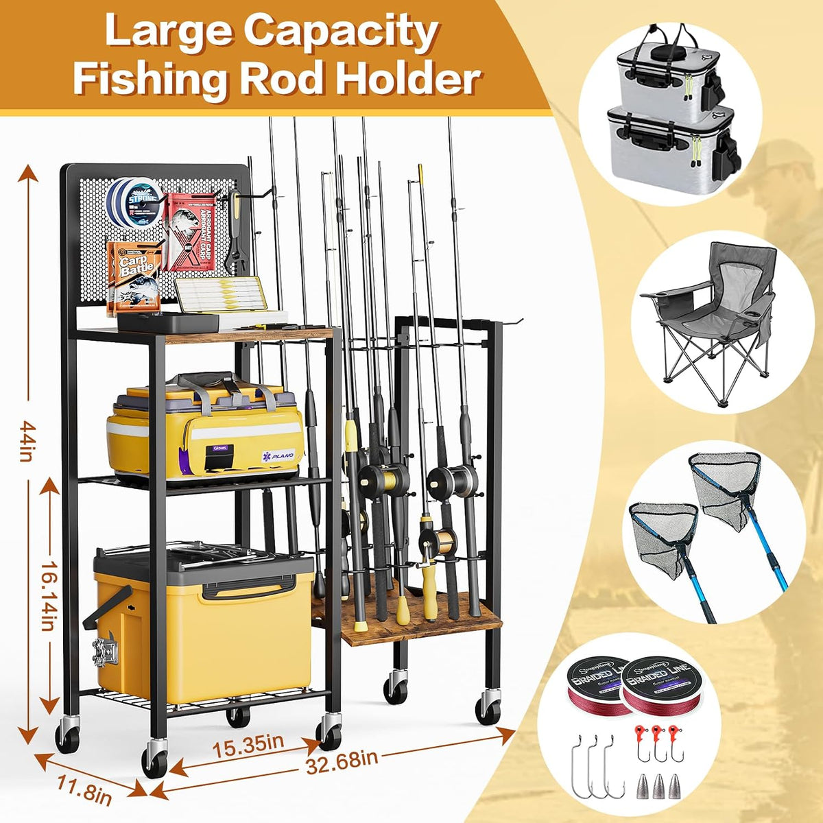 Olakee Fishing Rod Holders, Rolling Fishing Rod Rack for Garage & Boat, Tackle Box & Reel Holder Cart, Easy Assembly Fishing Gear Management System, Ideal Birthday Gift for Men Dad Anglers