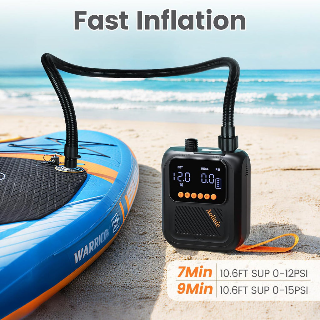 Portable Rechargeable Electric SUP Paddle Board Pump, Intelligent Dual Stage Inflation&Deflation, Up to 20PSI and Auto-Off for Stand UP Paddle Boards, Kayaks, Tents
