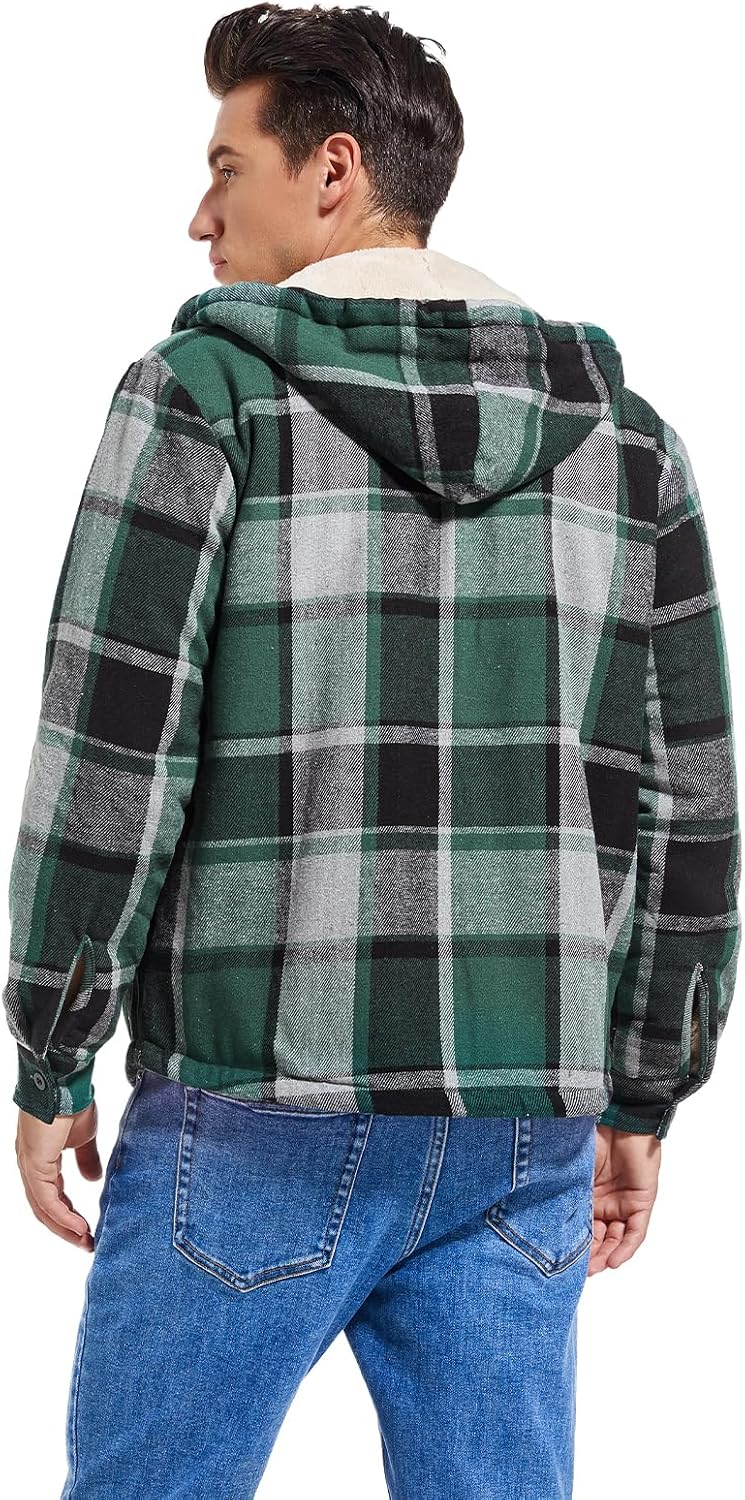 Men's Zip Up Flannel Shirt Jacket Fleece Lined with Hood