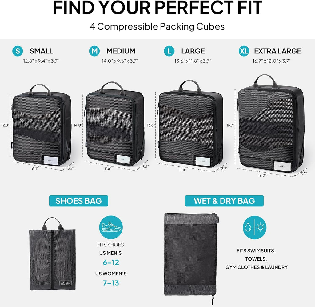 TOPEAST Compression Packing Cubes 4 Set Suitcase Organizer Bags for Travel