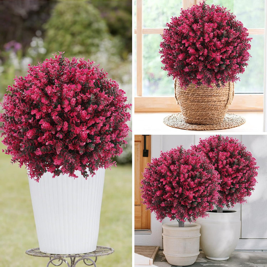 Artificial Red Eucalyptus Topiary Ball Tree 24" with Ground Spike, Set of 2 Artificial Boxwood Bushes for Faux Shrubs, Fake Evergreen Faux Plant for Indoor Outdoor Garden -UV Resistant–Fade-Proof