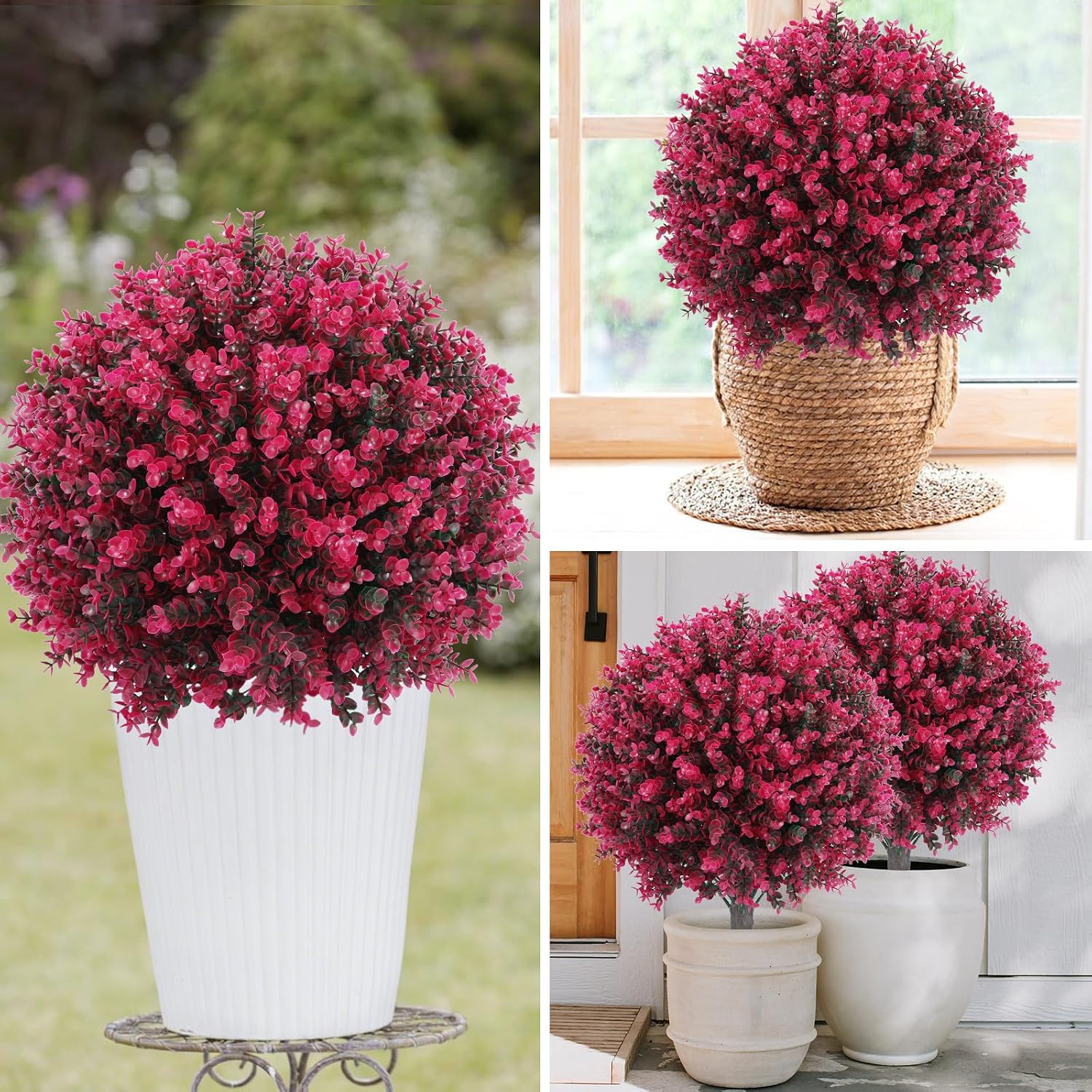 Artificial Red Eucalyptus Topiary Ball Tree 24" with Ground Spike, Set of 2 Artificial Boxwood Bushes for Faux Shrubs, Fake Evergreen Faux Plant for Indoor Outdoor Garden -UV Resistant–Fade-Proof