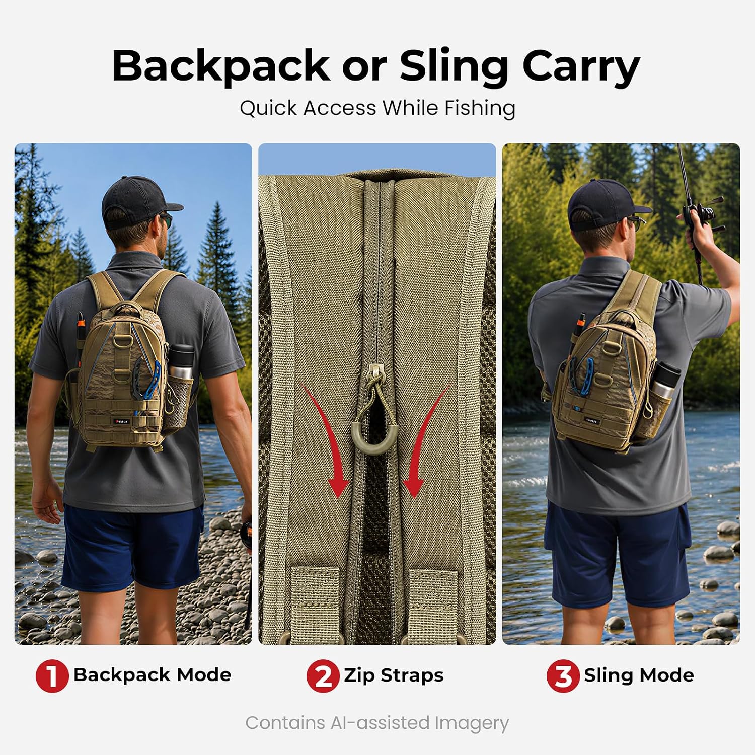 Piscifun Fishing Backpack, Rod Holders, Lightweight Sling Bag, Khaki Camo