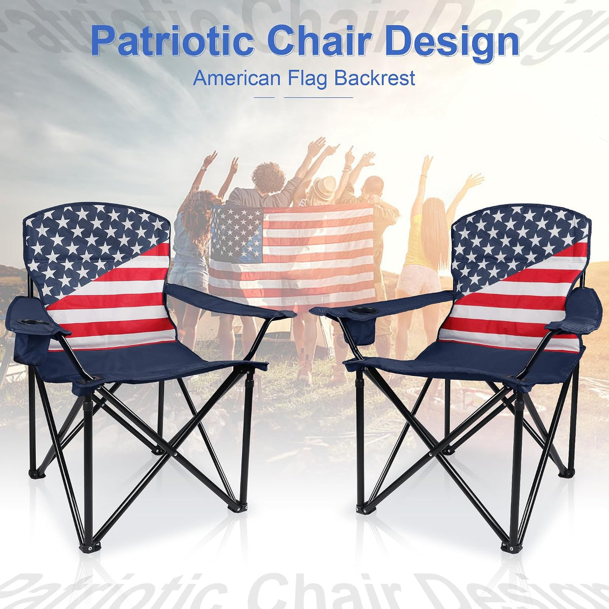 Folding Camping Chairs 2 Pack:Oversized Padded Lawn Chair for Adult,Collapsible for Outdoor,Camp,Fishing & Garden,350-lbs Capacity,American Flag