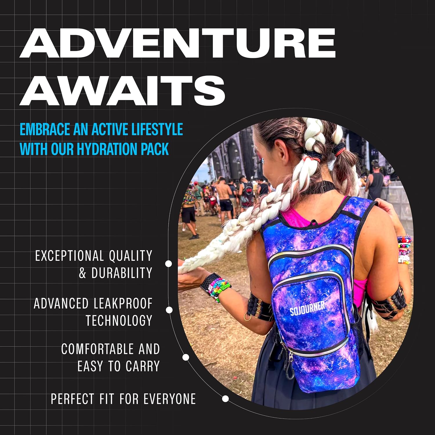 Sojourner Hydration Pack, Hydration Backpack - Water Backpack with 2l Hydration Bladder, Festival Essential - Rave Hydration Pack Hydropack Hydro for Hiking, Running, Biking, Festival Gear