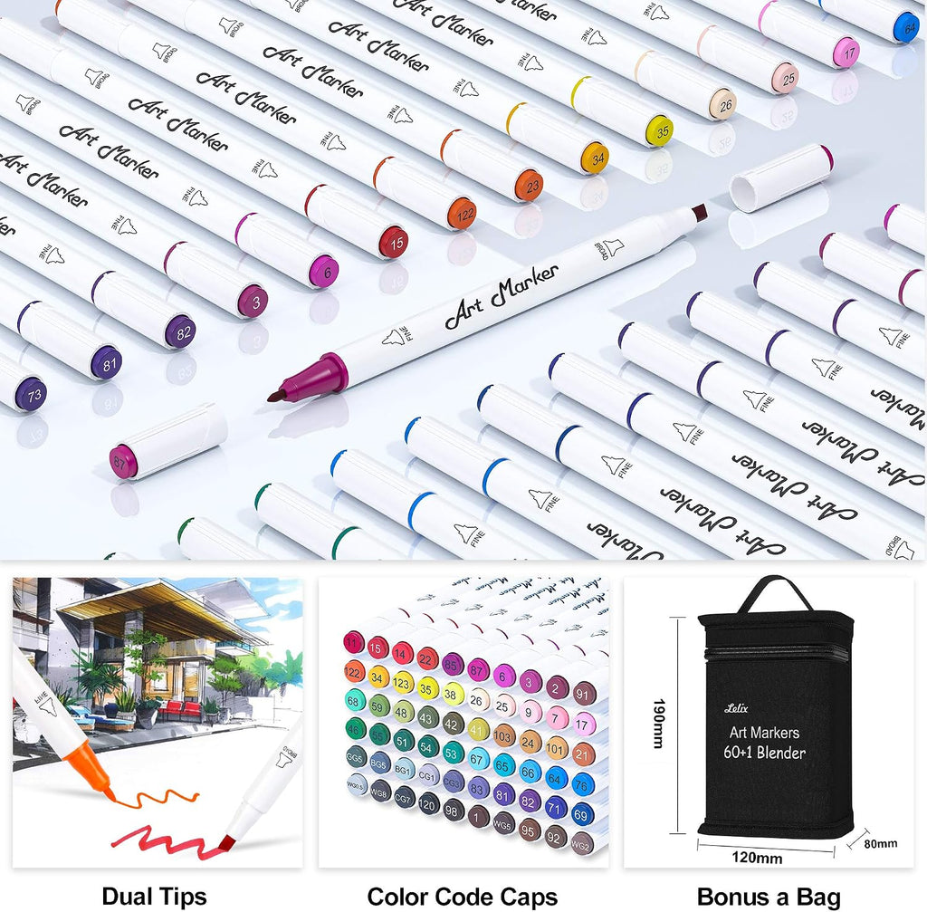 Lelix 61 Colors Alcohol Art Markers, 60 Colors Plus 1 Blender Dual Tip Permanent Marker Pens Highlighters Perfect for Kids Adults Artist Drawing Sketching Card Making & Coloring Books