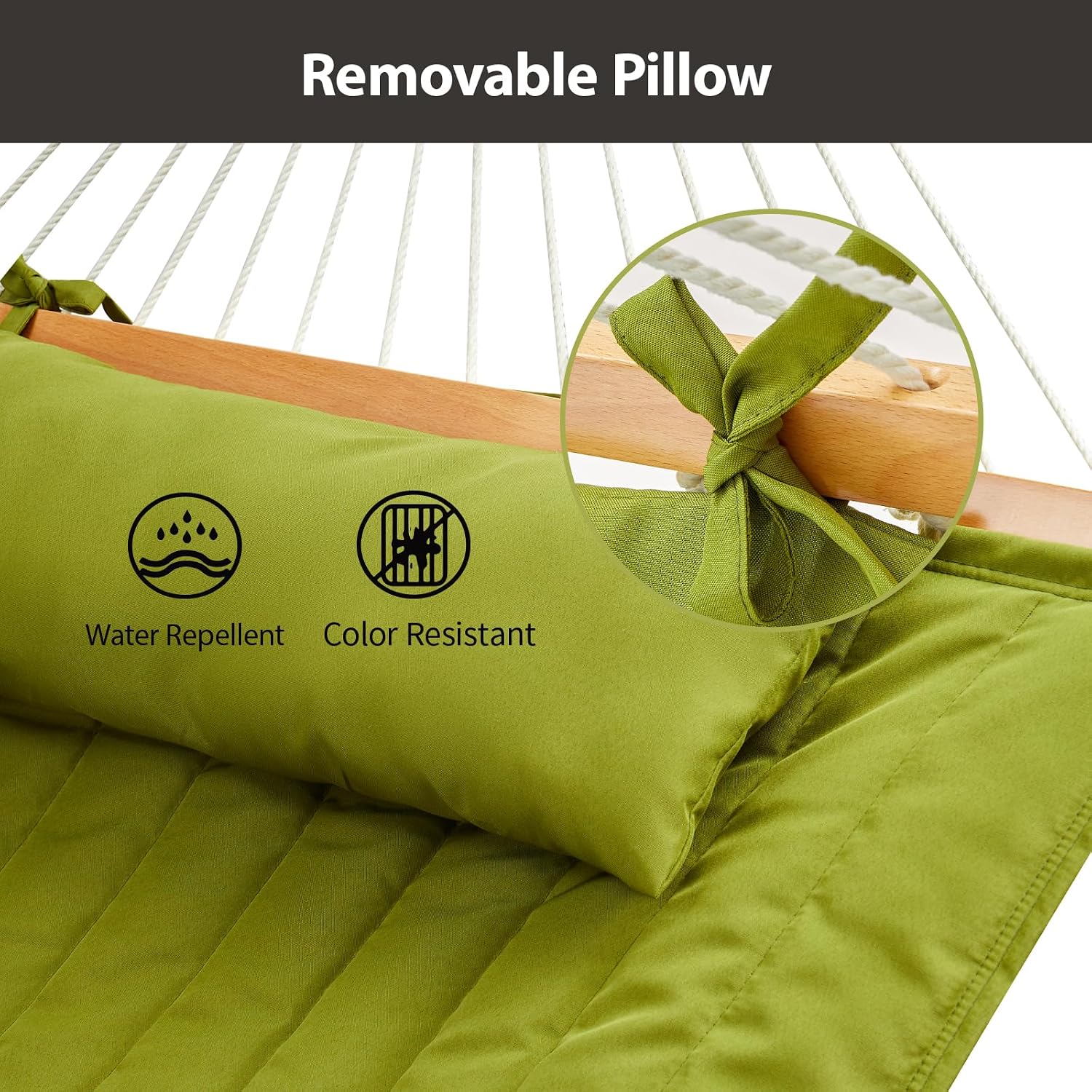 CHULIM Outdoor Double Hammock with Hardwood Spreader Bars, Large Rope Hammock with Polyester Pad and Pillow, 475 LBS Capacity for 2 Person Patio Backyard Poolside - Green